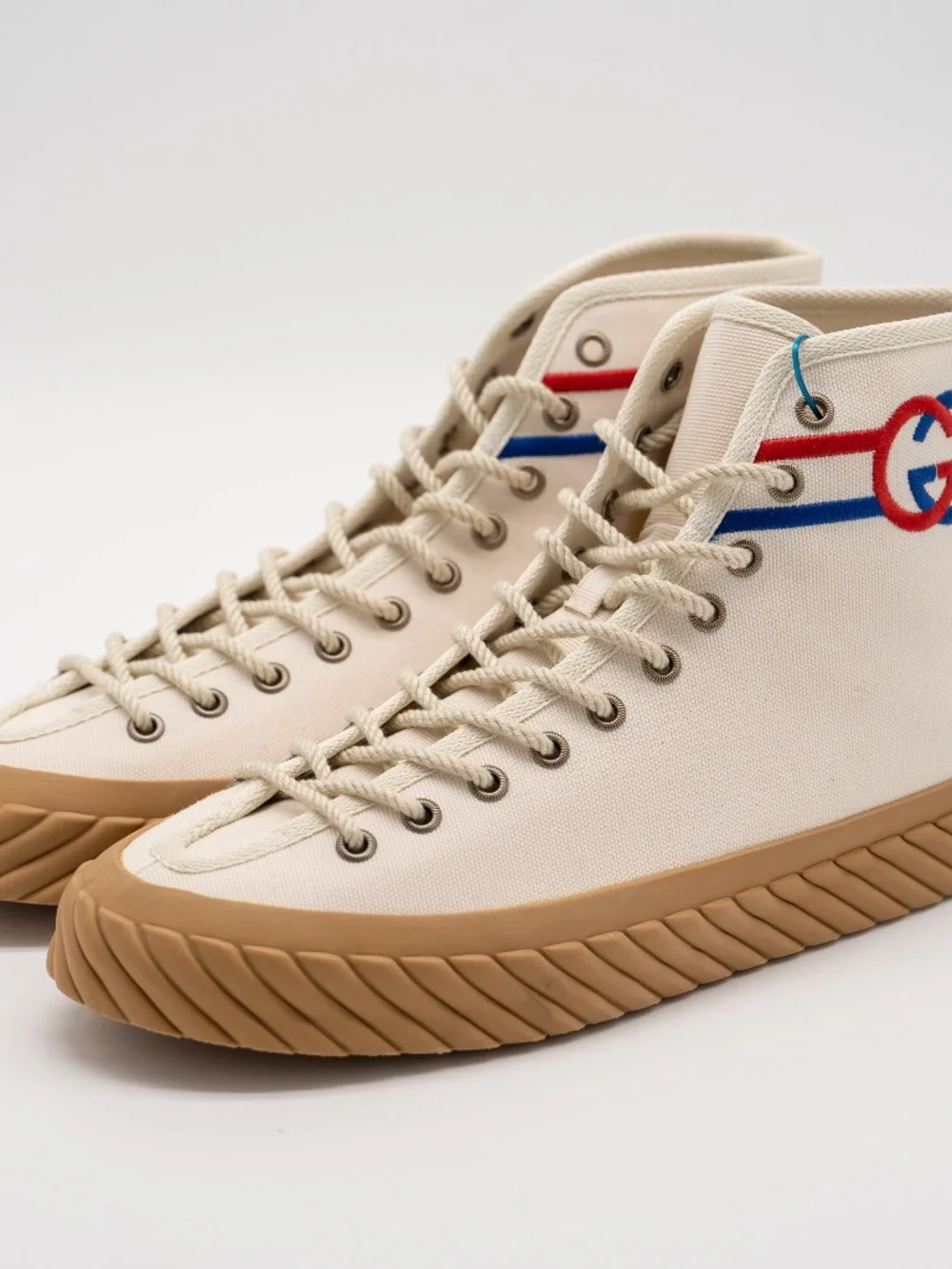 Gucci White Canvas Sneakers High Top GG Interlocking Blue Red size 7G 7.5 US